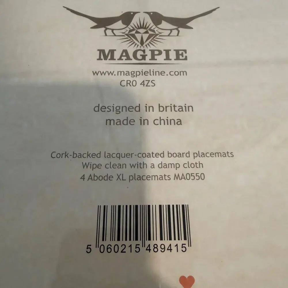 Magpie Mengsel Abode Animal Cork Backed 4- XL Placemats New